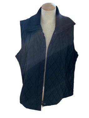 Eileen Fisher black quilted sweater knit collar zip up sweater jacket vest XL